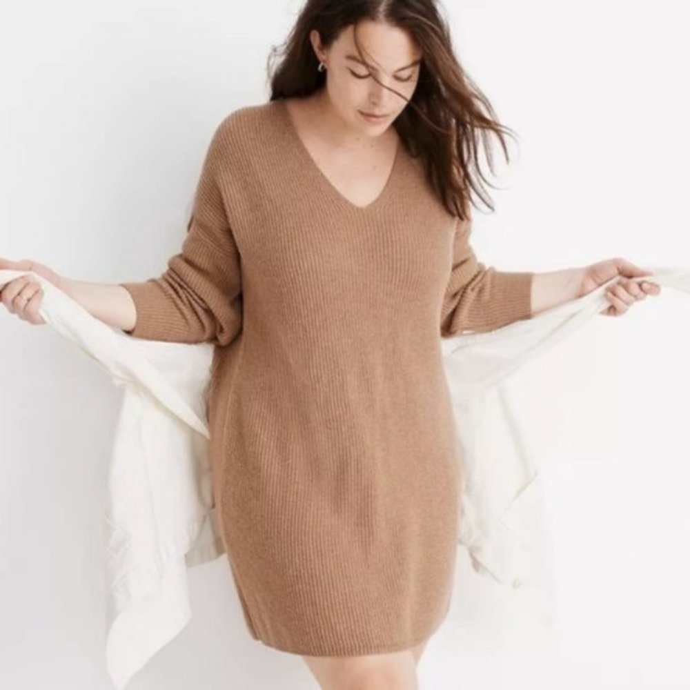 Madewell Camel V-Neck Knit Sweater Dress